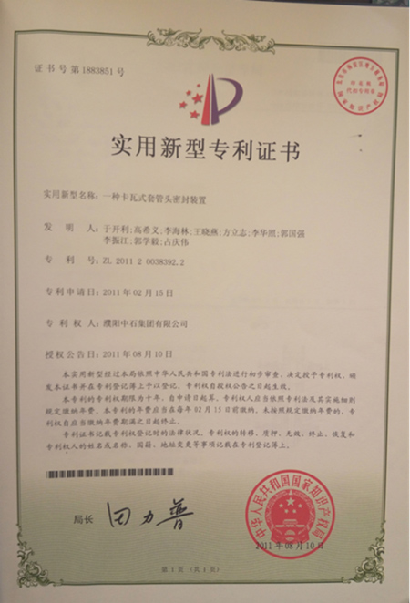 Kawa type casing head sealing device patent certificate